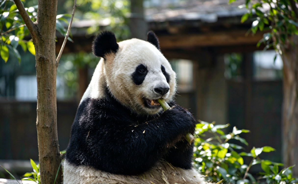 Giant panda eating bamboo at Chengdu Panda Base