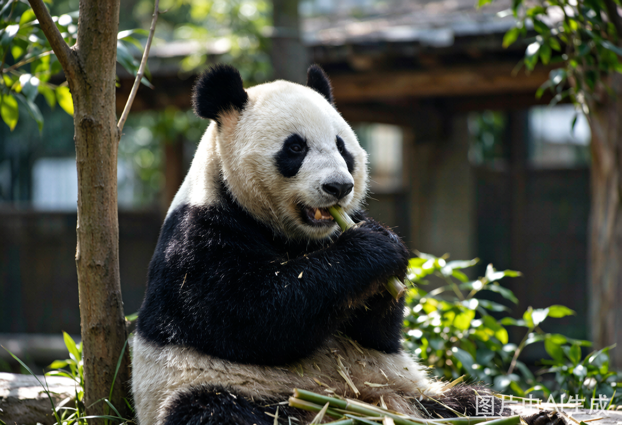Giant panda eating bamboo at Chengdu Panda Base