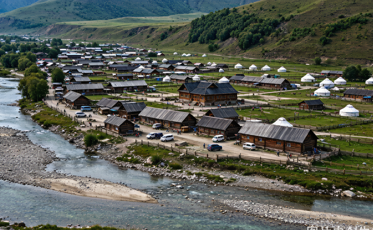 Golden birch trees and wooden log cabins of Baihaba village at sunrise on the China Kazakhstan border in Xinjiang, China