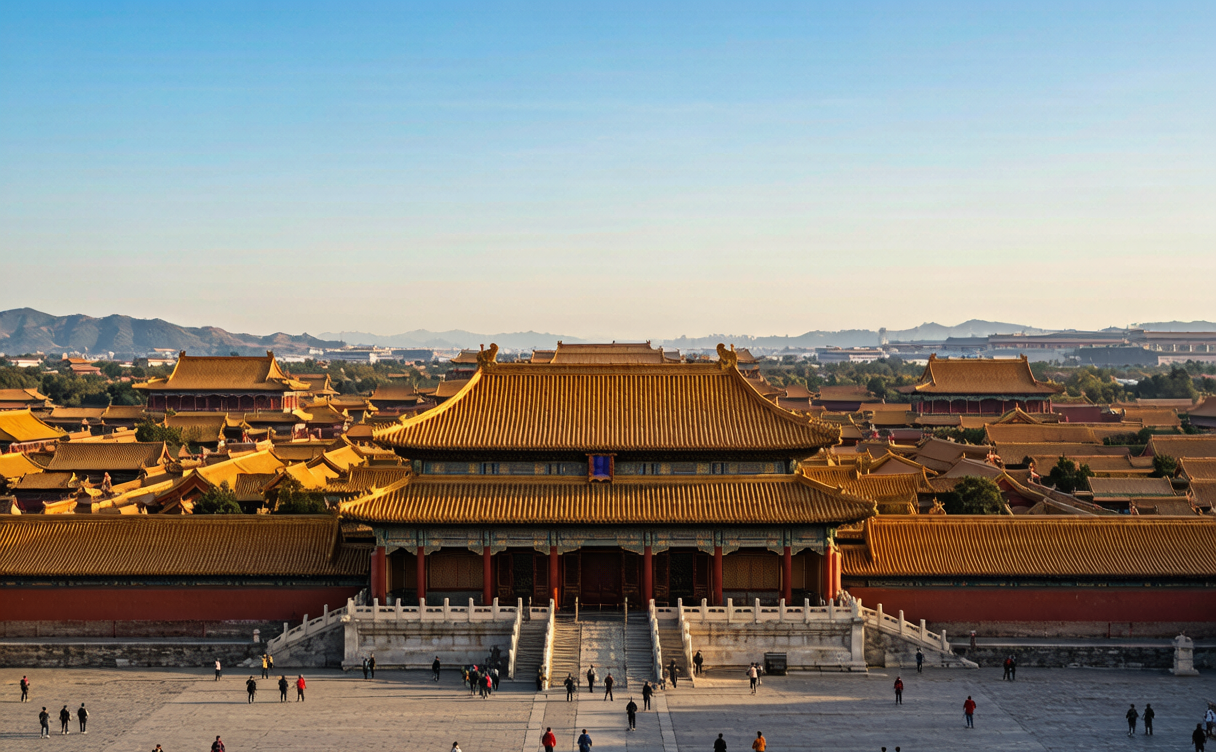 Aerial view of the Forbidden City's red walls and golden roofs from Jingshan Park