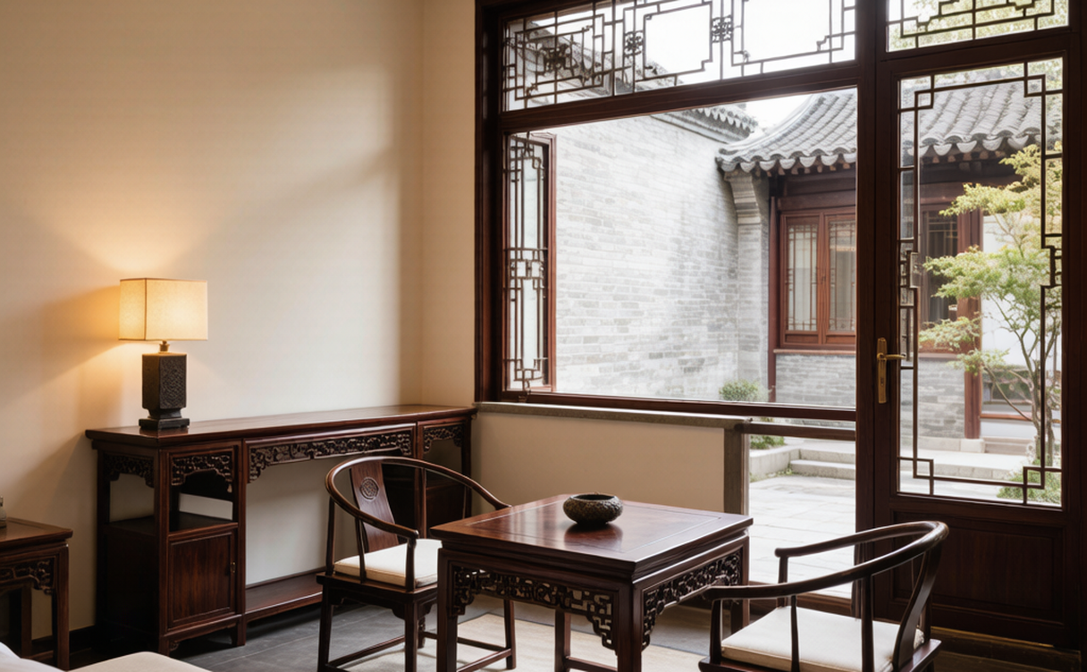 Restored Beijing siheyuan courtyard with red lanterns at dusk