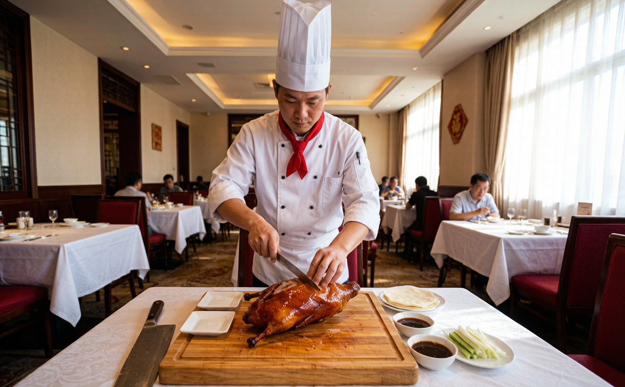 Peking duck guide - chef slicing a roast duck tableside in Beijing, China