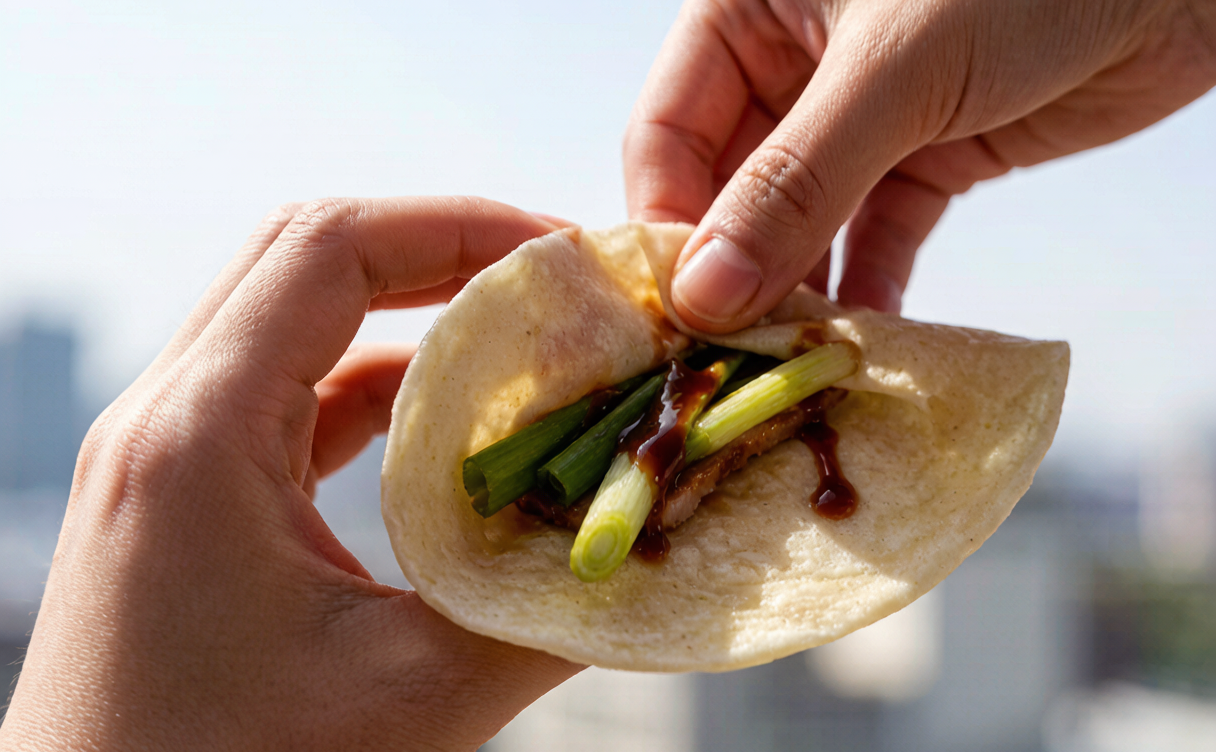 Peking duck guide - hands rolling a duck pancake in Beijing, China