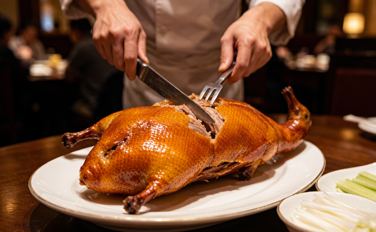 Beijing duck where to eat — carved Peking duck at a Beijing restaurant