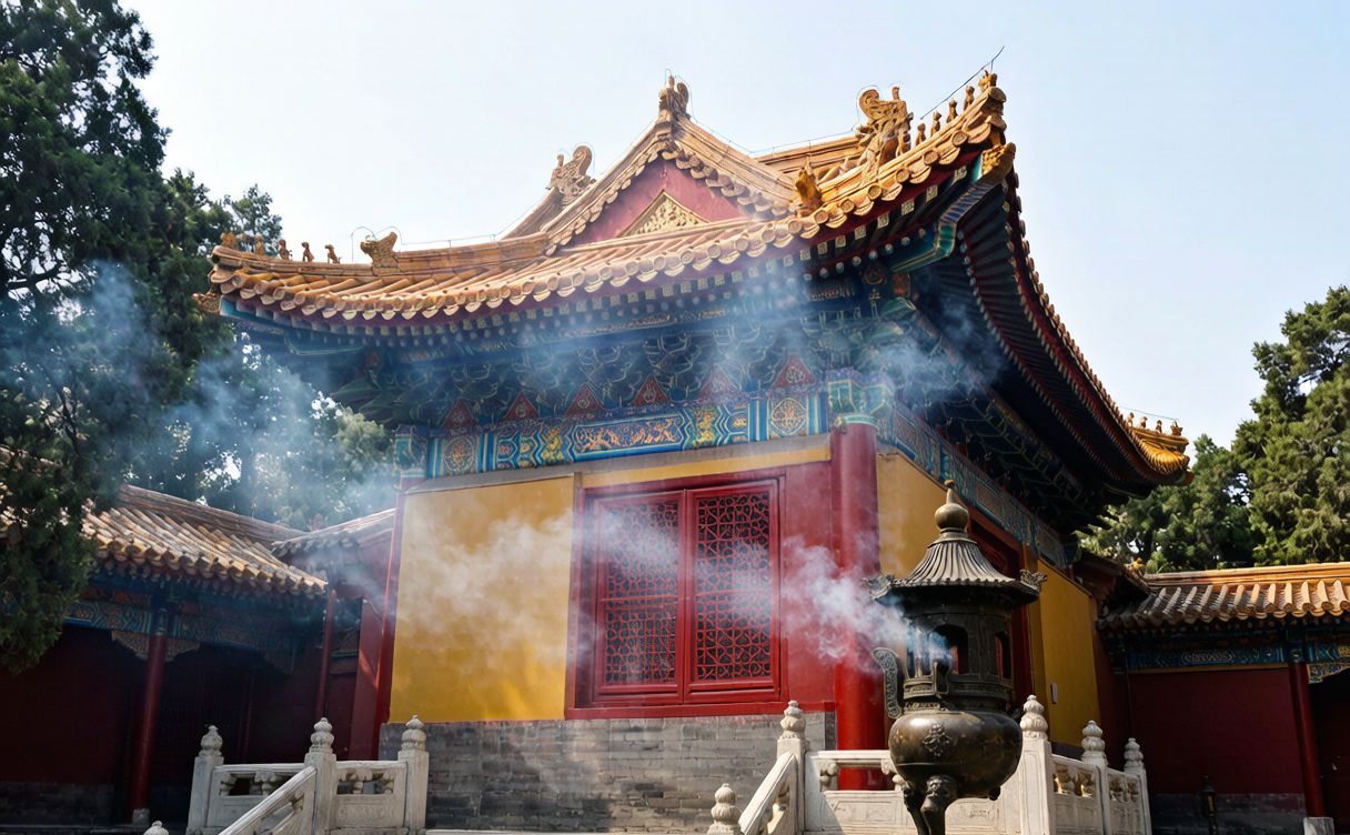 Beijing Lama Temple yellow rooftops and red courtyard walls