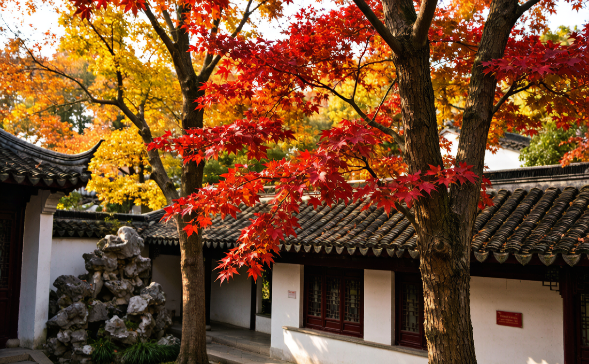 Turquoise lakes surrounded by golden and red forest in Jiuzhaigou, Sichuan