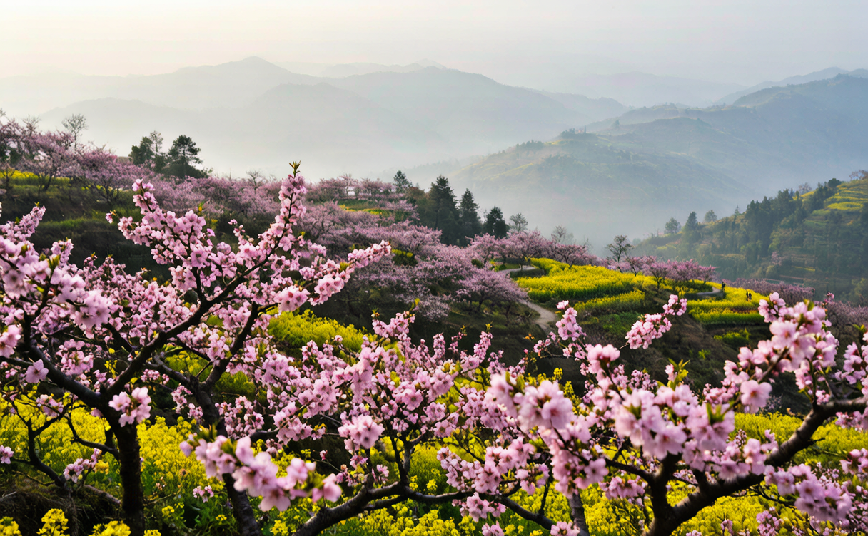 Yellow rapeseed flower fields beside traditional villages in Wuyuan, China