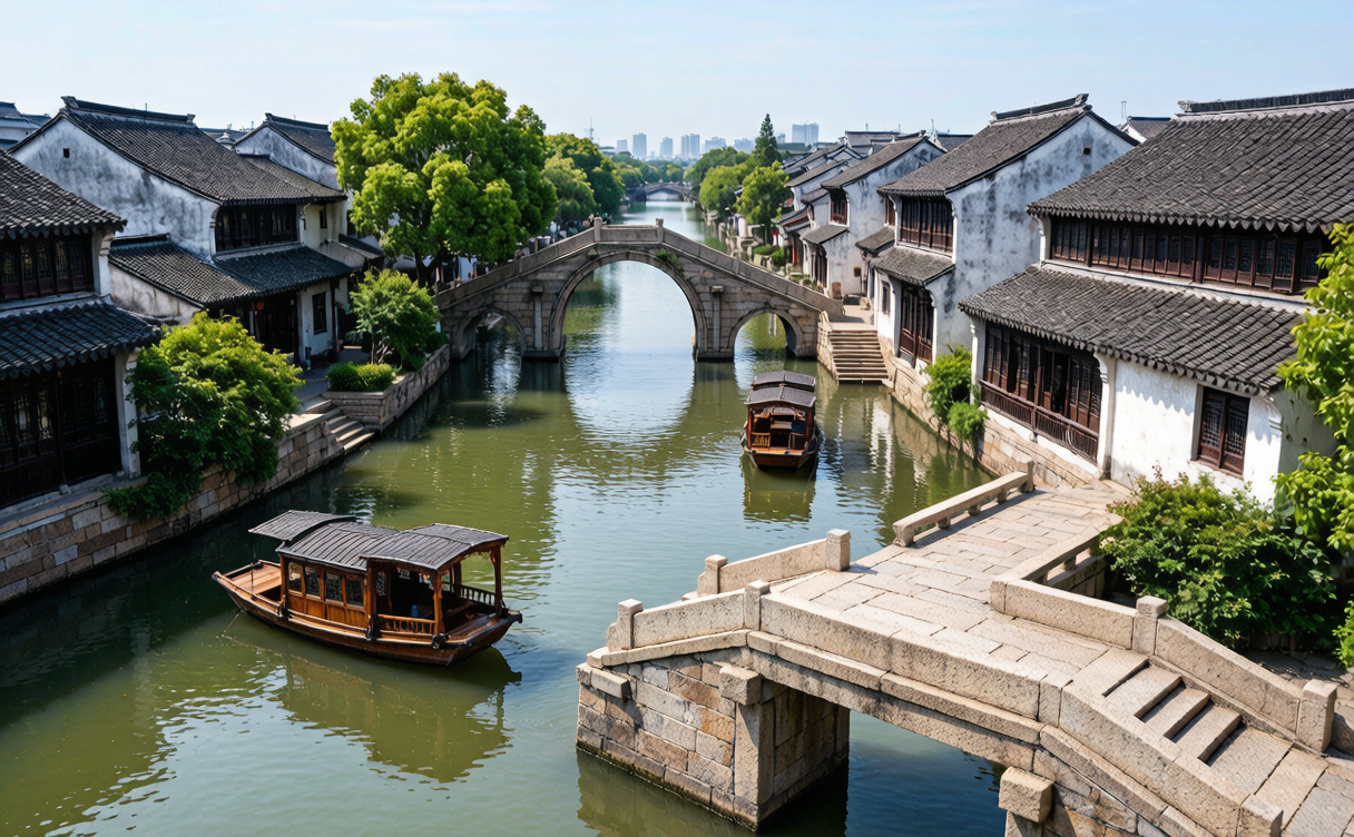 Stone bridge over a quiet canal in a Chinese water town at dusk