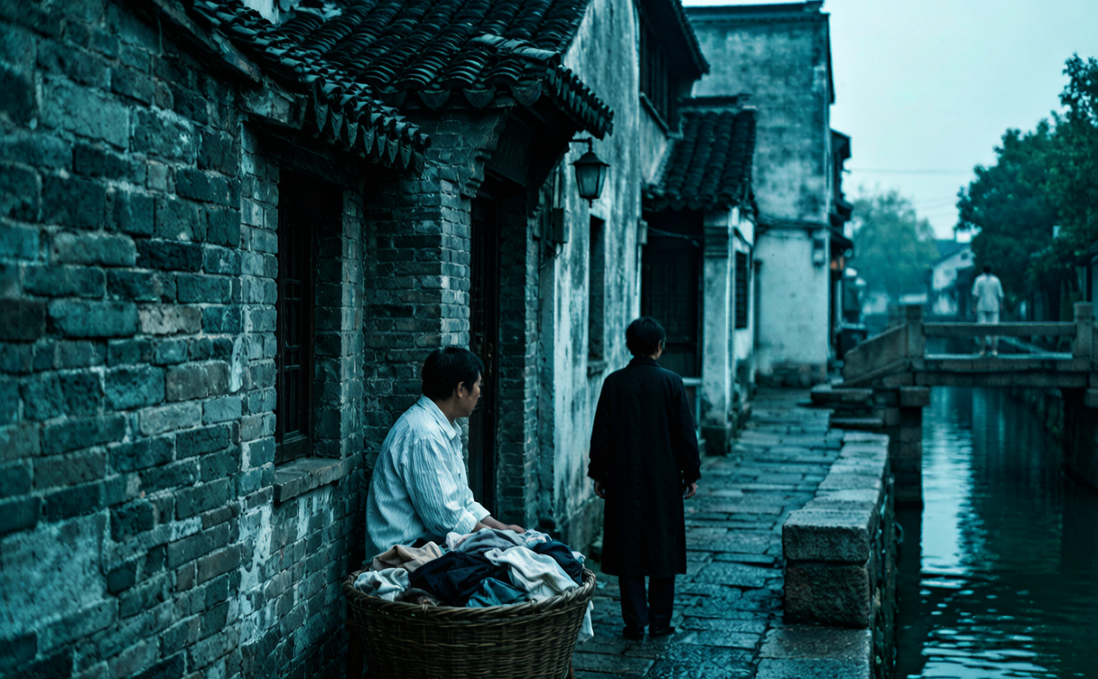 Narrow old-town lane lined with red lanterns in a Chinese canal town