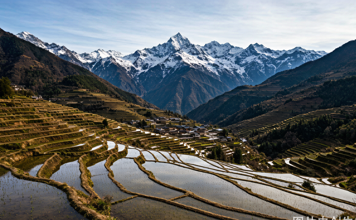 Terraced fields and a wooden Tibetan village beneath snow peaks in Bingzhongluo, Yunnan, China