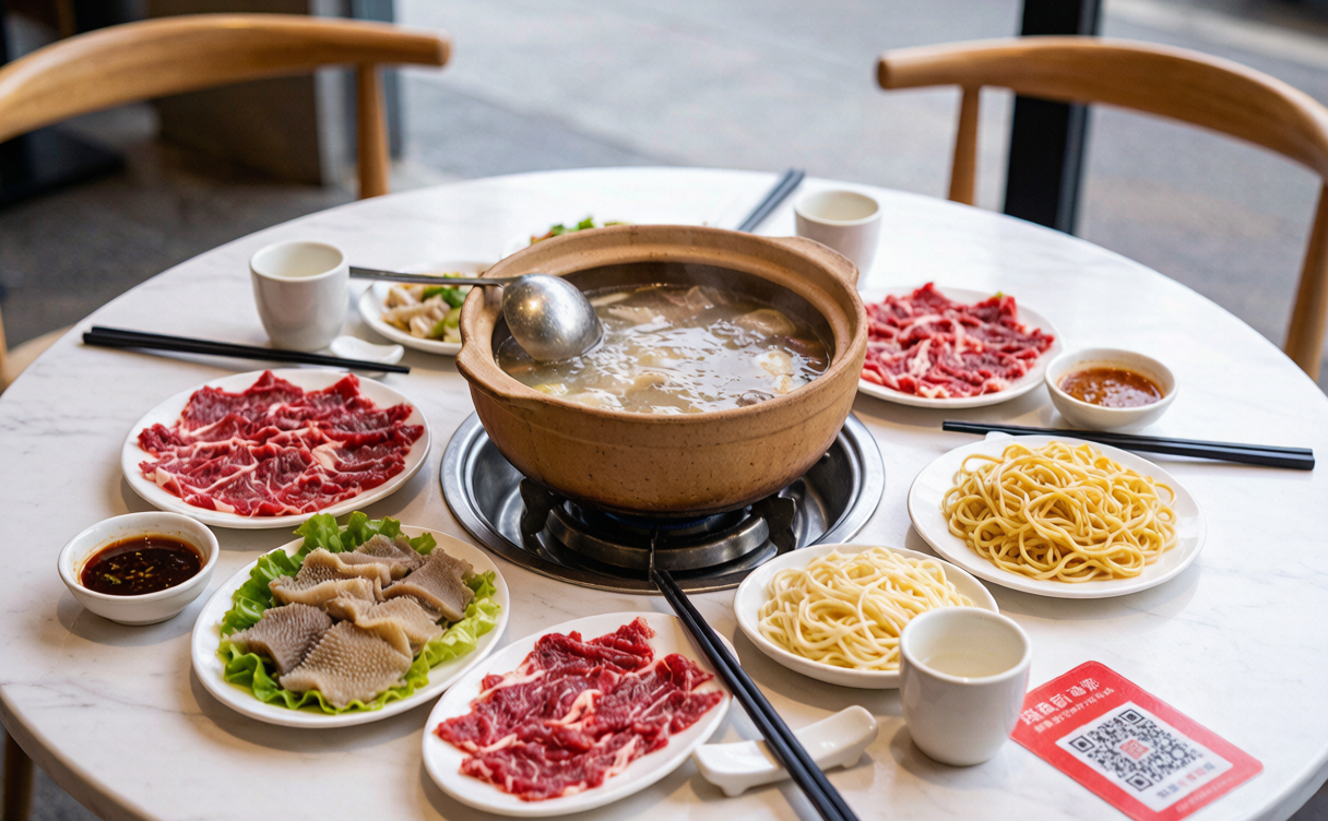 Table with paper-thin beef slices for Chaozhou beef hotpot in Chaozhou, Guangdong, China