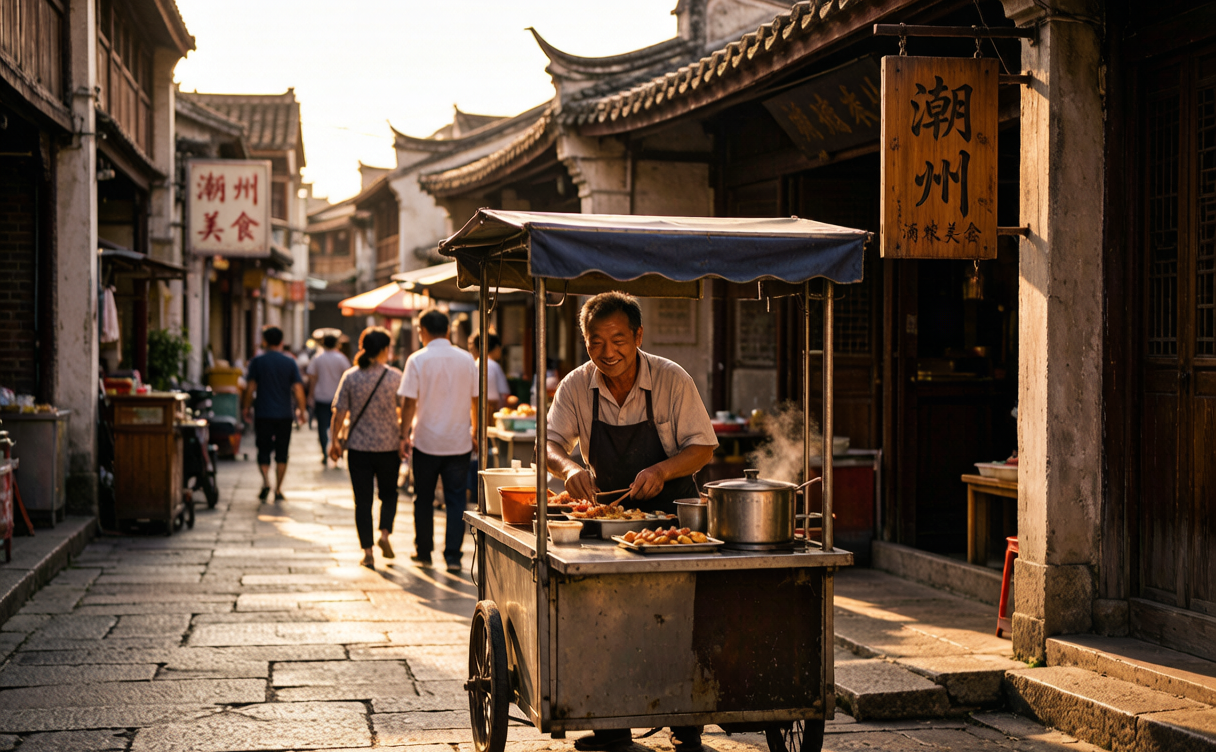 Lit riverside night market with food stalls in old-town Chaozhou, Guangdong, China