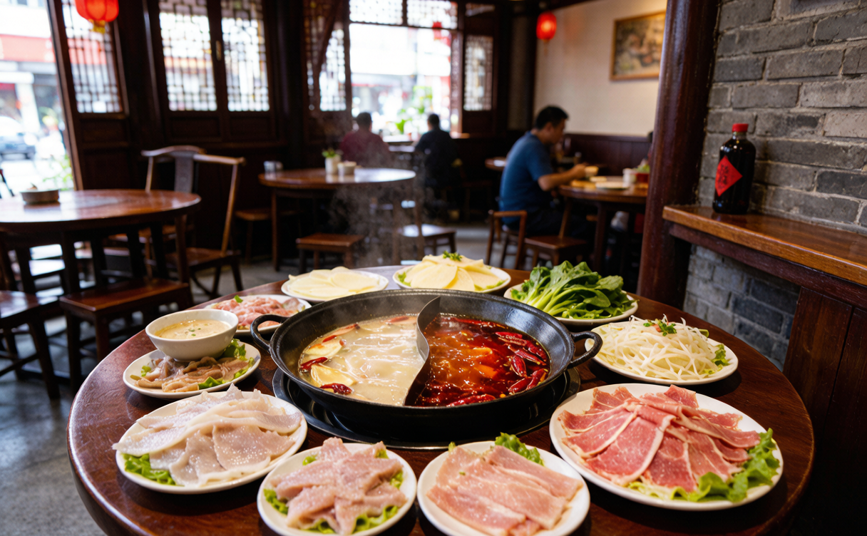 Red chili hotpot broth bubbling at a Chengdu hotpot table in Chengdu, China
