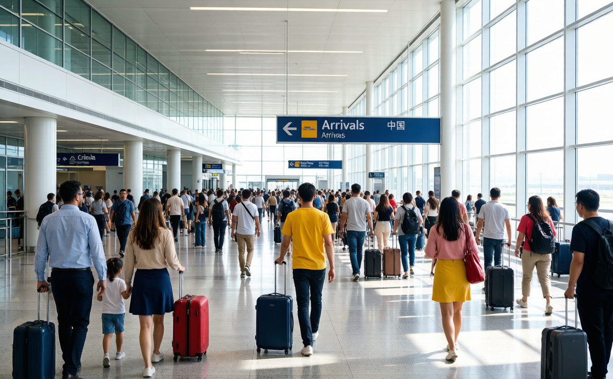 China travel news 2026 - airport arrivals hall with foreign visitors