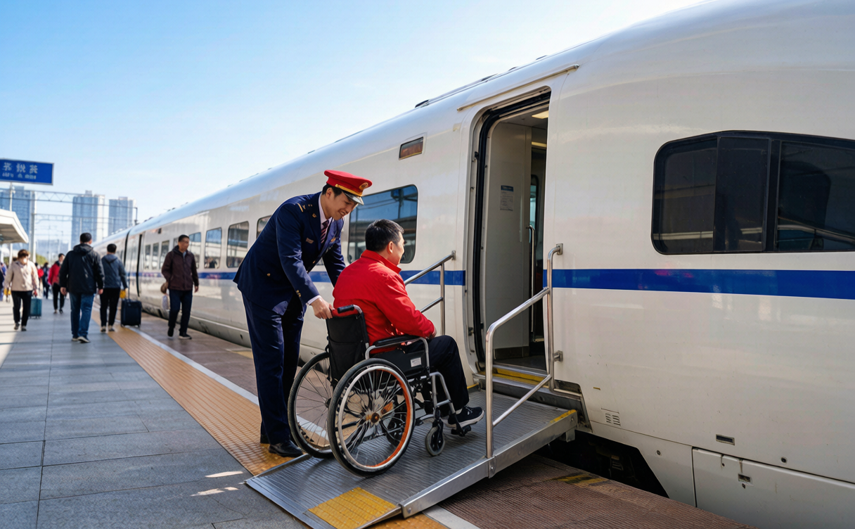 accessible travel China - wheelchair user boarding high-speed train with staff assistance at station