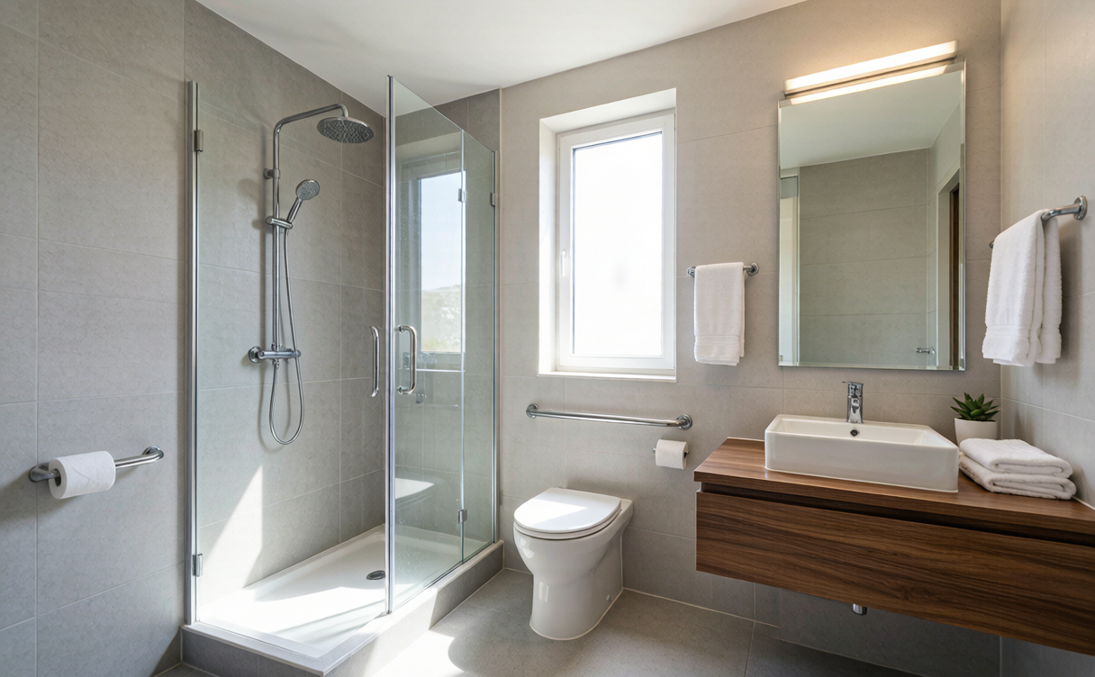 accessible travel China - step-free hotel bathroom with roll-in shower in China