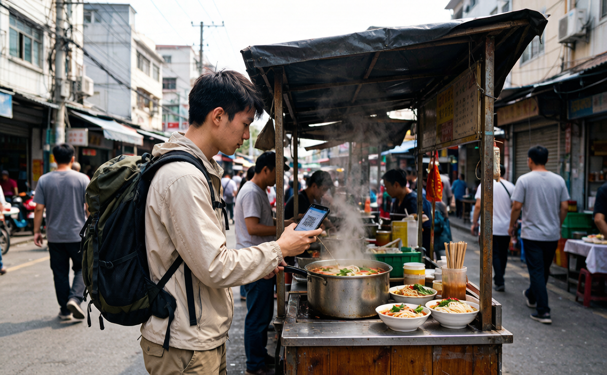 China budget travel guide - backpacker counting cash at a noodle stall, China