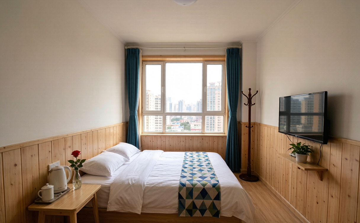 China budget travel guide - simple budget hostel room with a city view, China