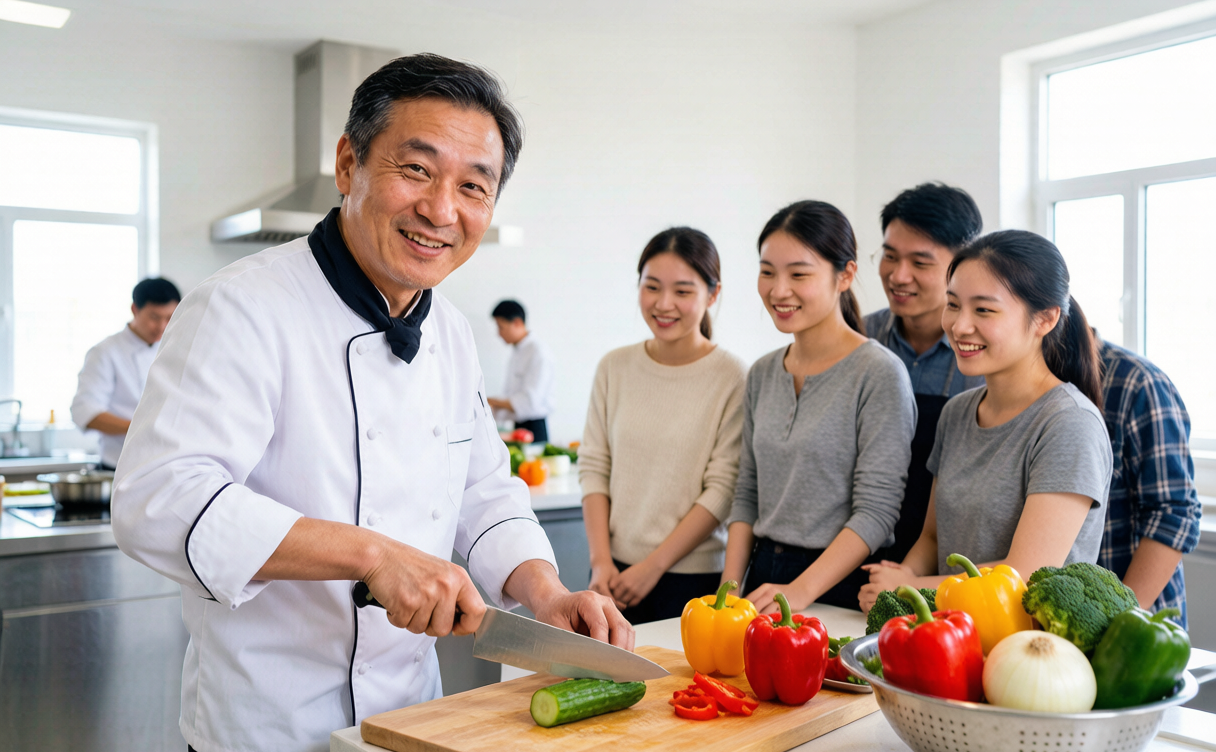 China cooking class - instructor showing vegetable knife skills to travelers in China