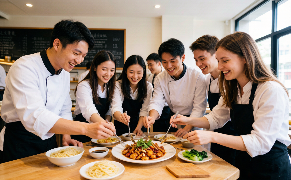 China cooking class - group of travelers plating a finished dish together in China