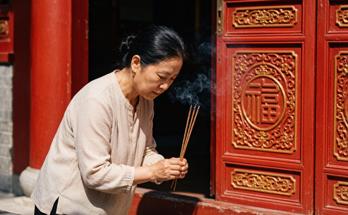 Visitors respectfully offering incense at a Chinese temple