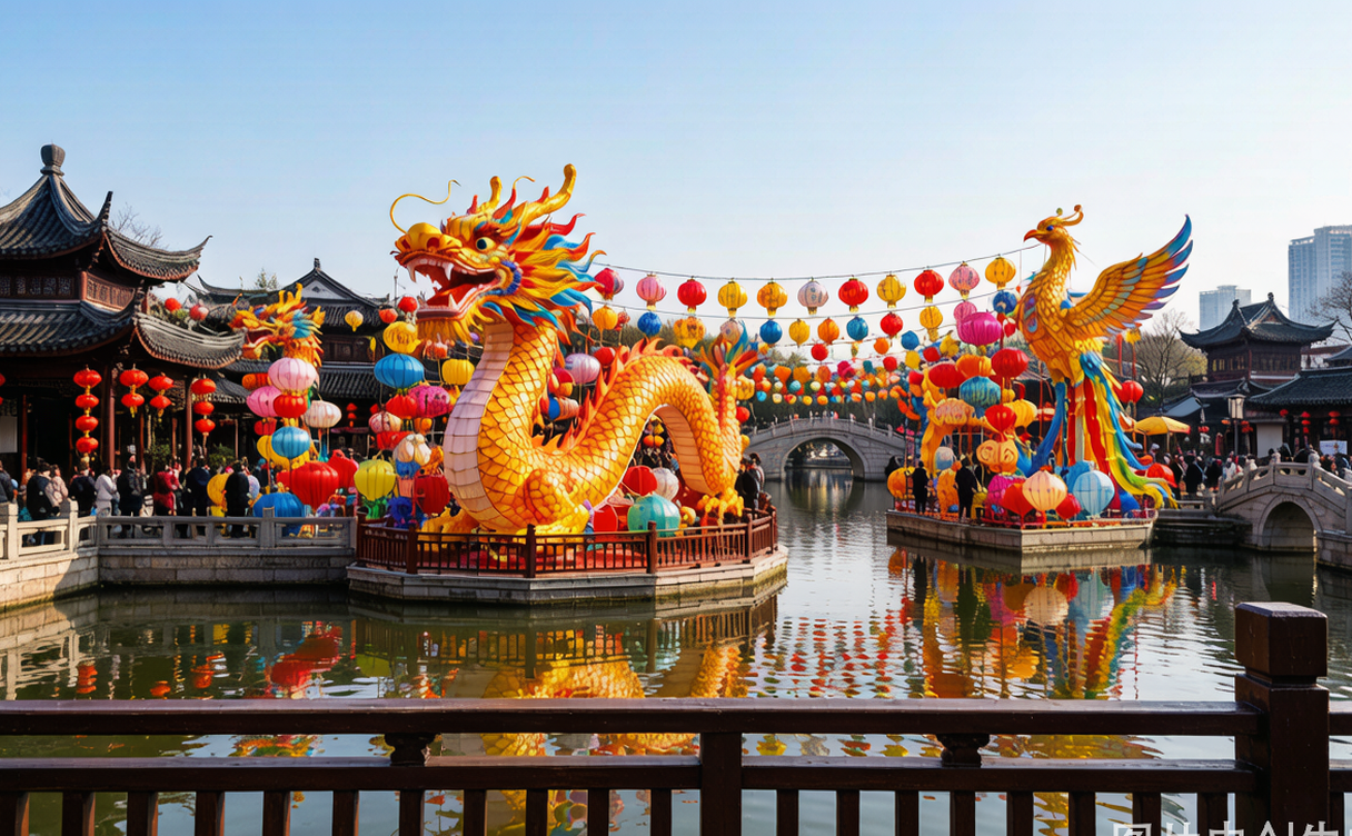Chinese New Year celebration with red lanterns and festive crowds