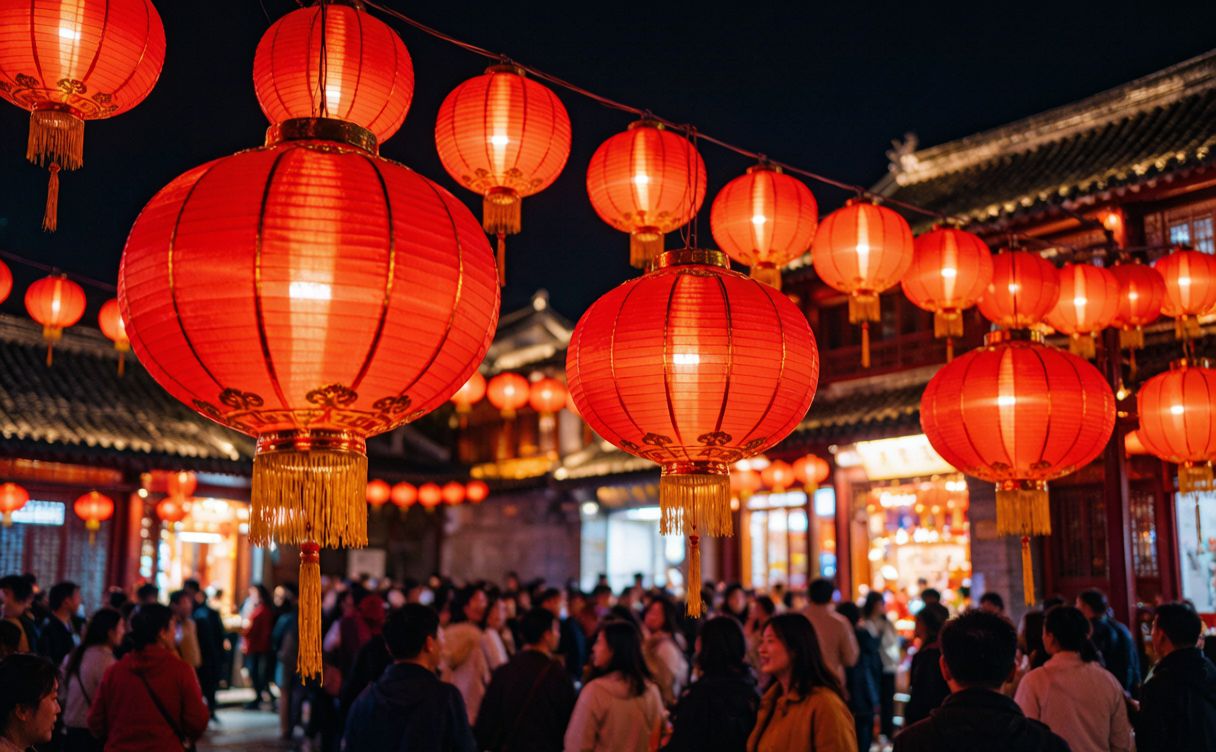 Red lanterns hanging in a Beijing hutong during the Lantern Festival