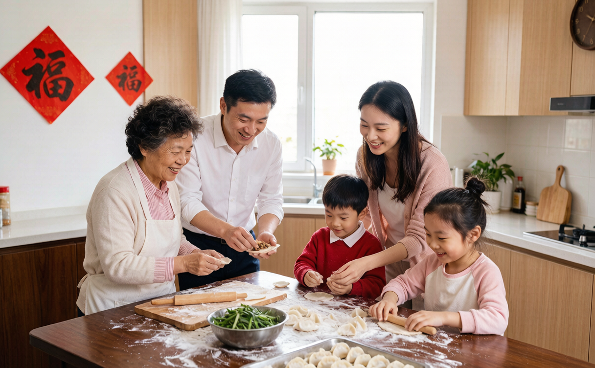 China festivals guide - family making dumplings for a traditional holiday, China