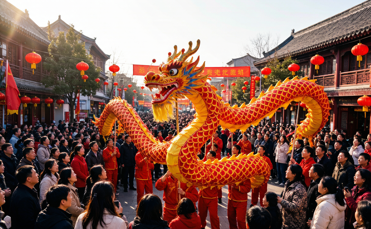 China festivals guide - dragon dance through a decorated street during a festival, China