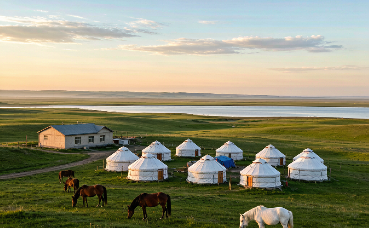 Glass stargazing domes on a desert plain at night
