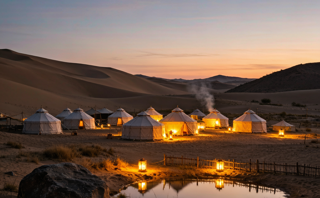 Mongolian yurt camp on green grassland at sunset