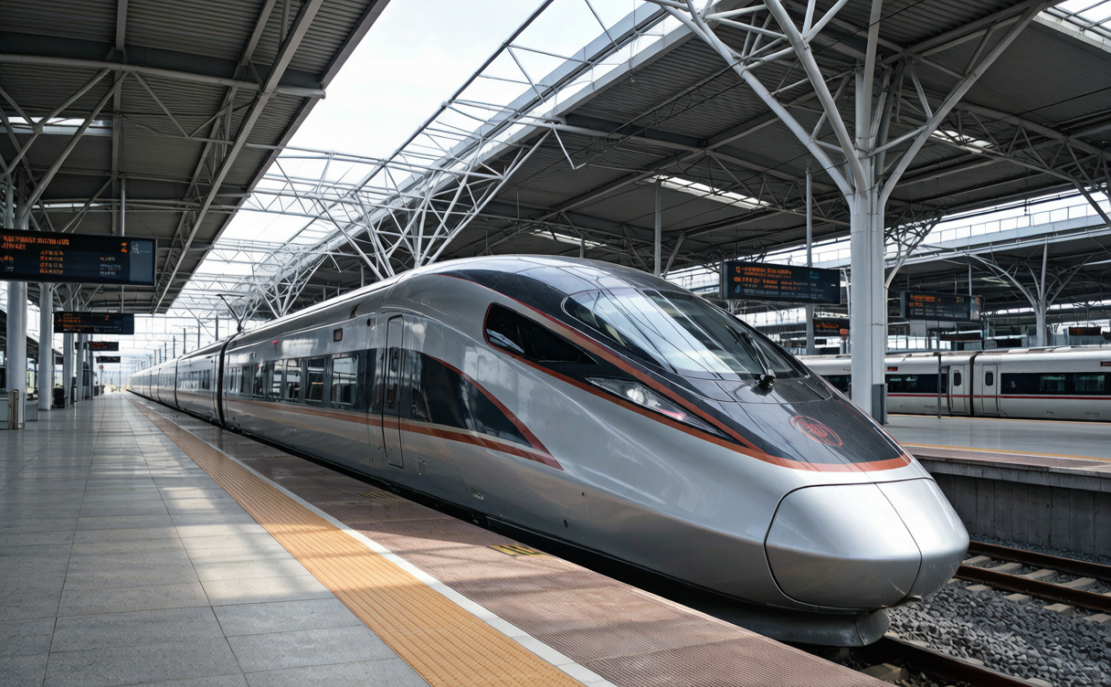 China high-speed bullet train parked at a modern station platform