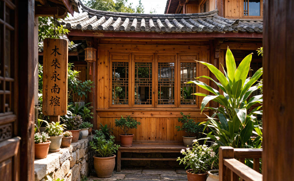 Wooden family courtyard in a Guizhou village with drying chilies and lanterns