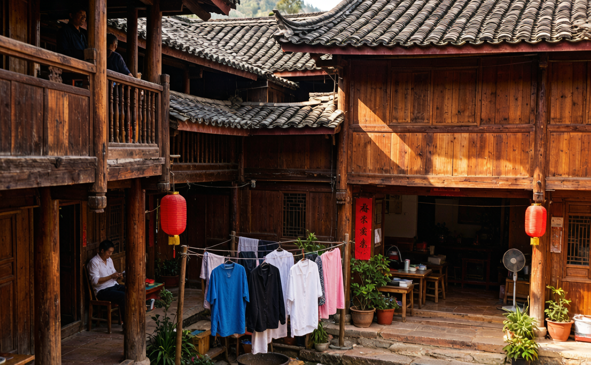Interior of a Fujian tulou roundhouse with a Hakka family in the courtyard