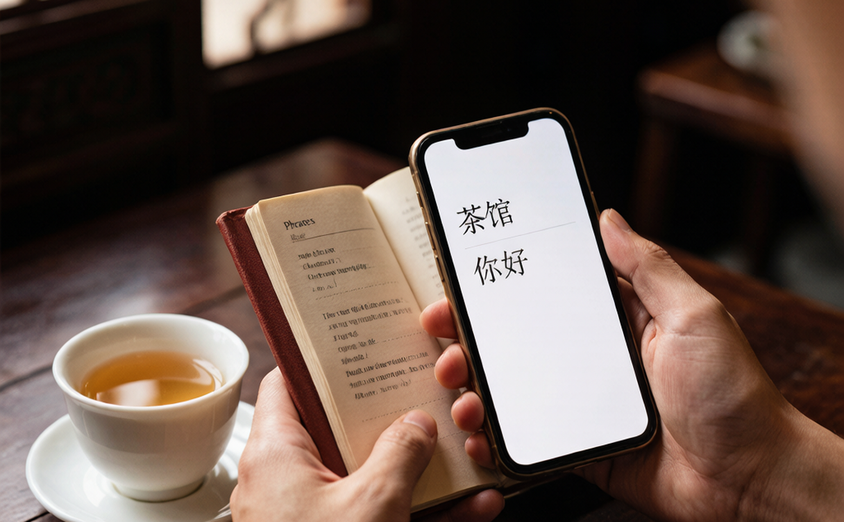 Traveler showing Chinese characters on phone to a local shopkeeper