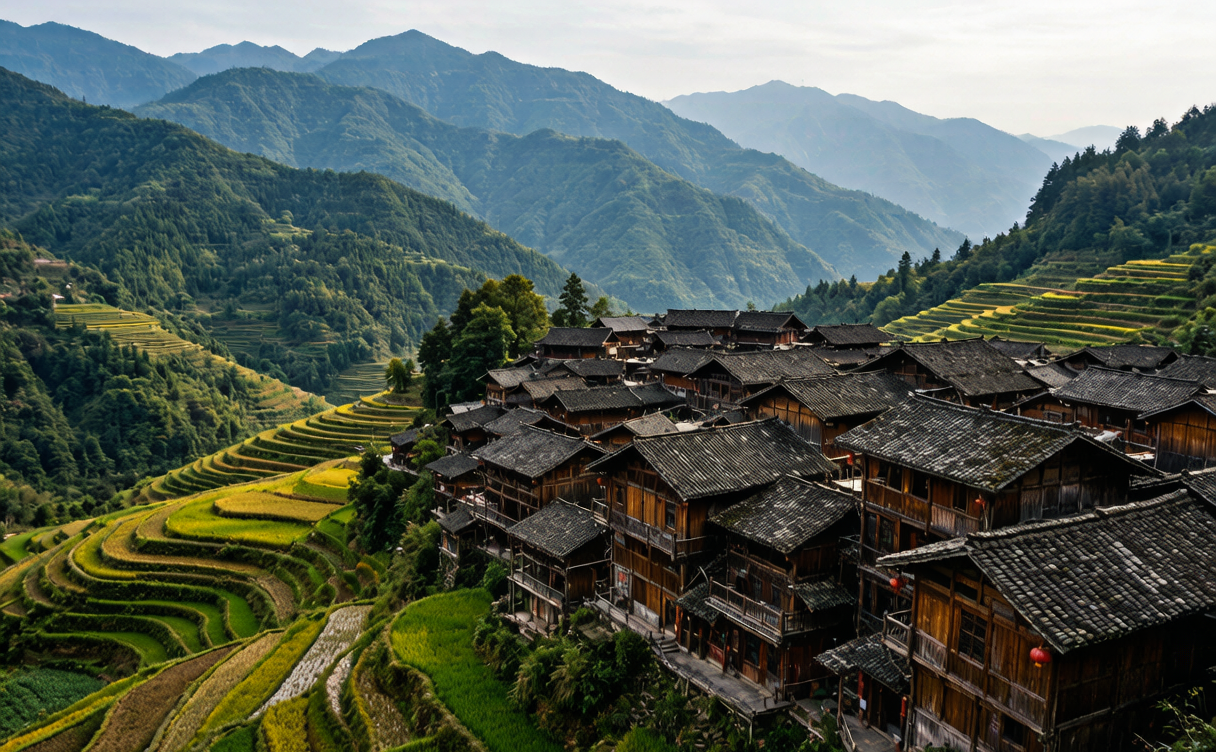 Terraced fields and a traditional village in rural China at sunrise