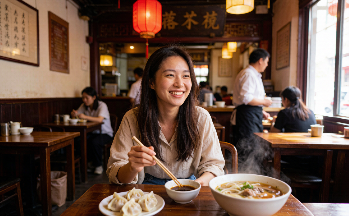 solo female travel China - woman dining alone at a local restaurant, China