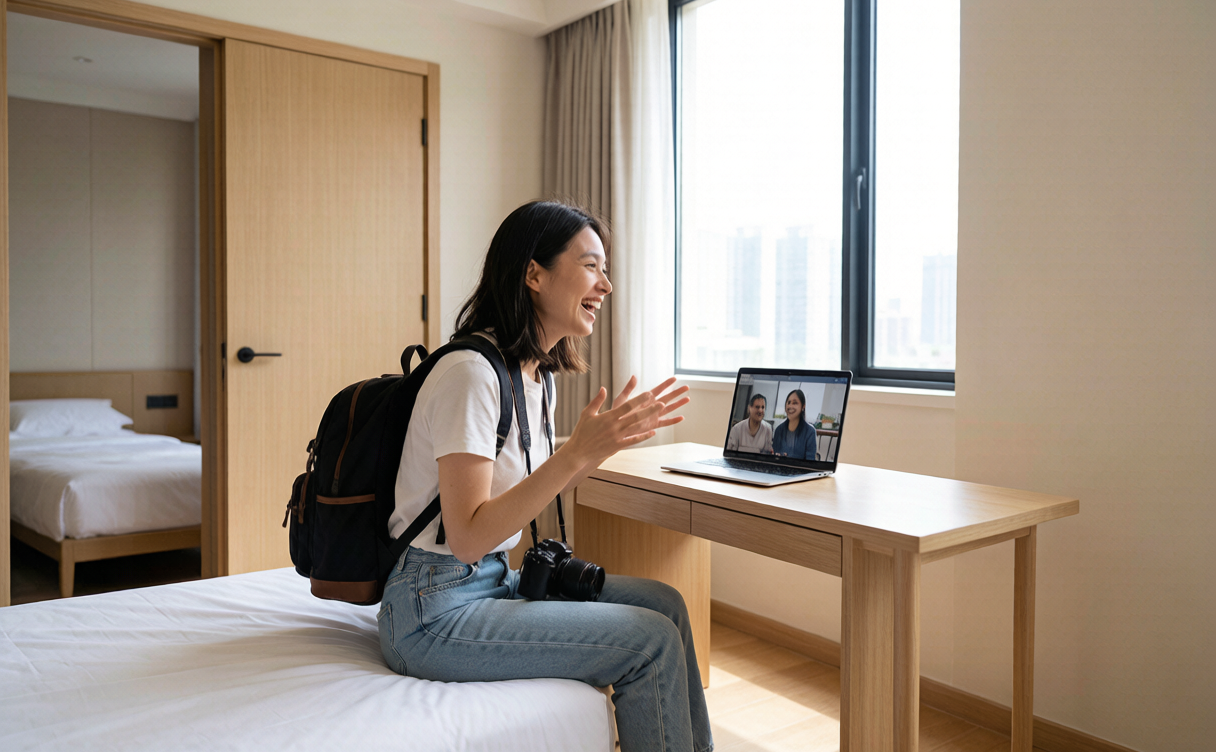 solo female travel China - woman video-calling from a hotel room, China