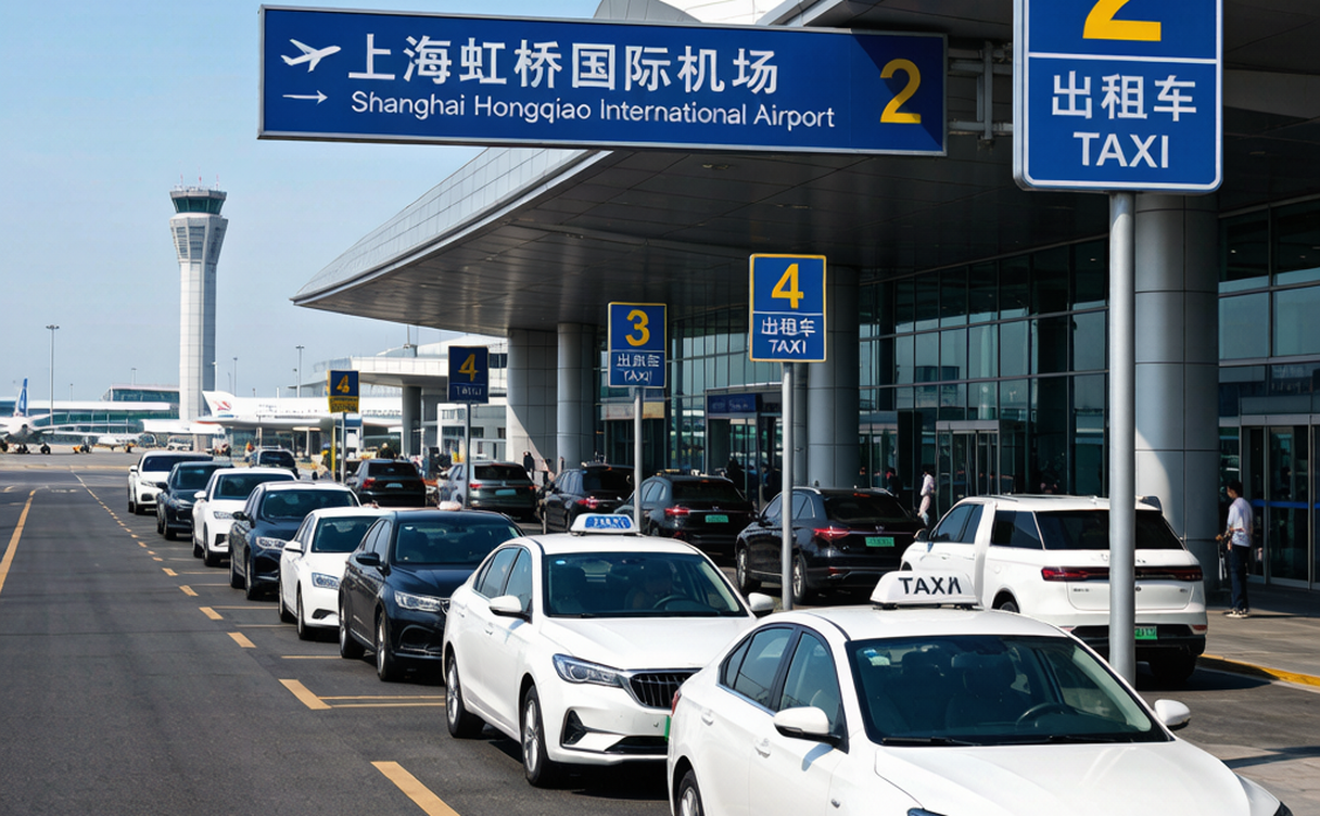 Official taxi queue at a Chinese airport with marked pickup bays