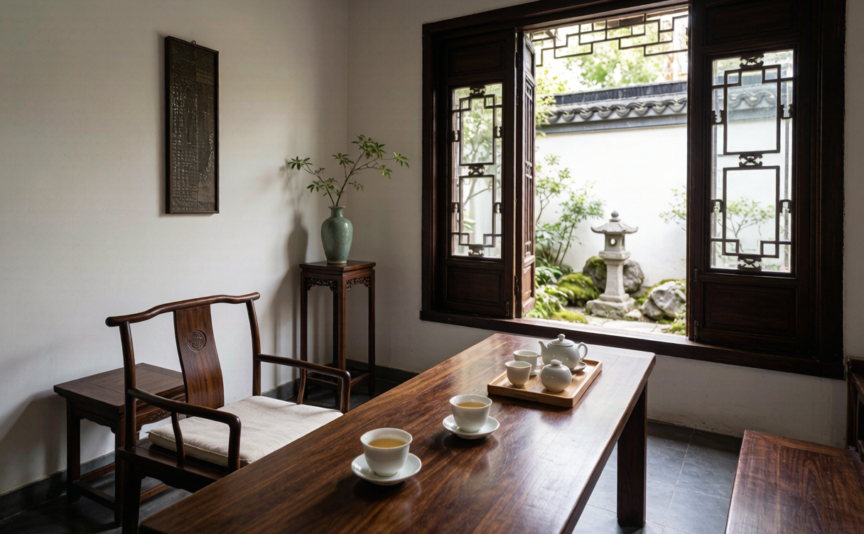 China tea house guide - quiet traditional tea room with gaiwan set and garden window in China