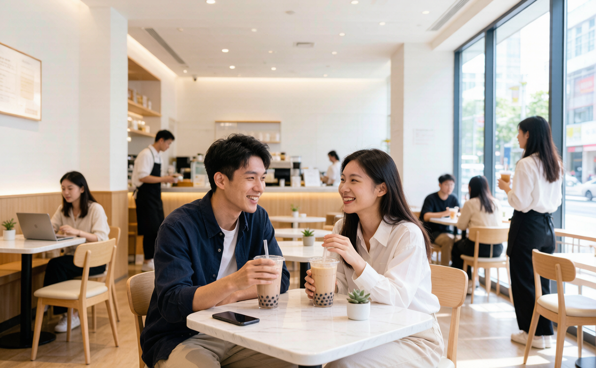 China tea house guide - young people at a modern cheese-foam tea cafe in China