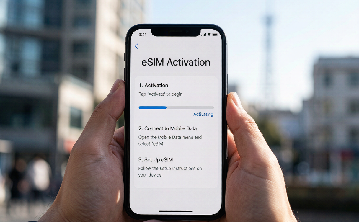 internet in China VPN guide - phone with eSIM activation screen at a cafe, China