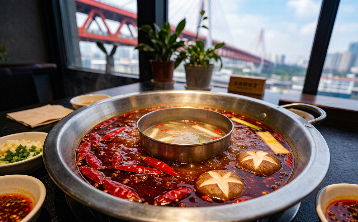 Nine-grid Chongqing hotpot filled with red chili oil in Chongqing, China