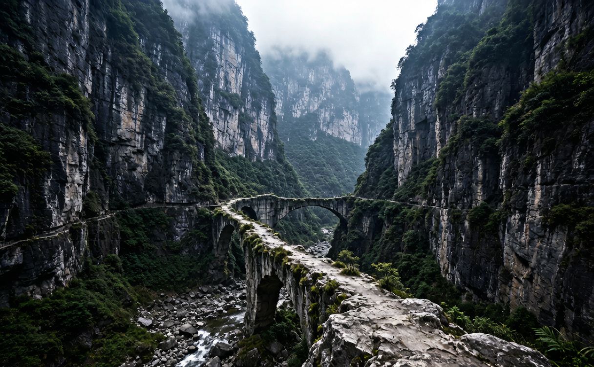 Three Natural Bridges spanning a green Wulong karst sinkhole