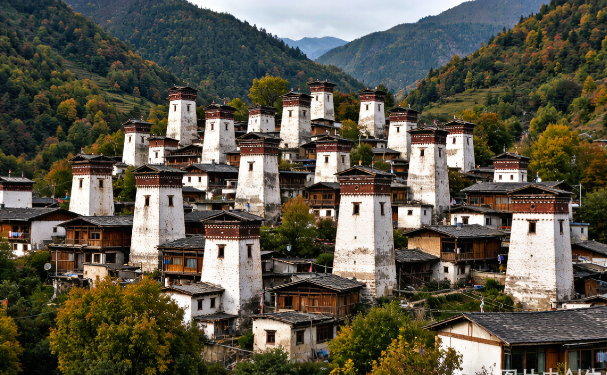 Jiaju Tibetan village with white-walled watchtower houses terraced above a valley in Danba, Sichuan, China