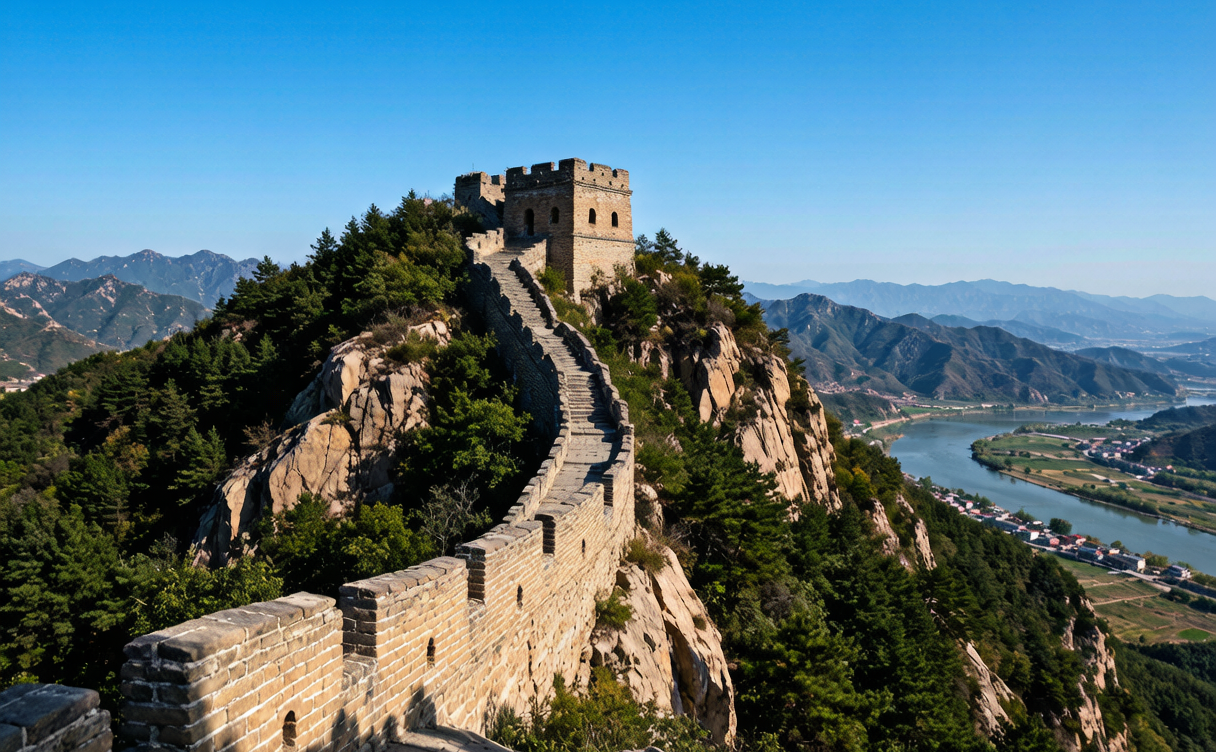 Hushan Great Wall Dandong section with watchtowers overlooking the Yalu River
