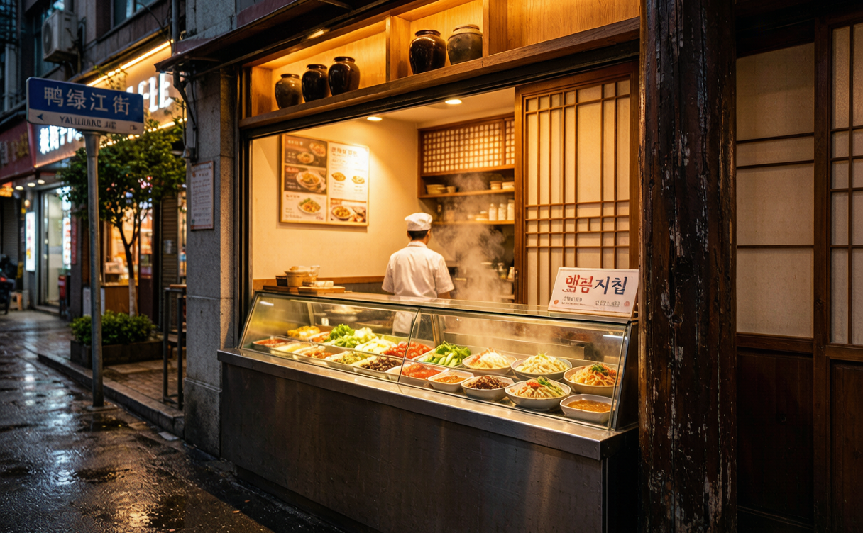 Dandong Korean food street cold noodles served in a traditional brass bowl