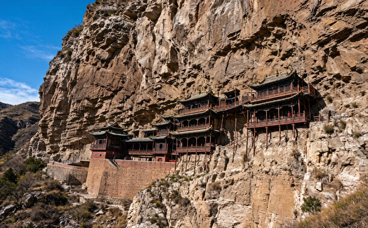 The Hanging Temple built into the cliff face of Mount Hengshan near Datong