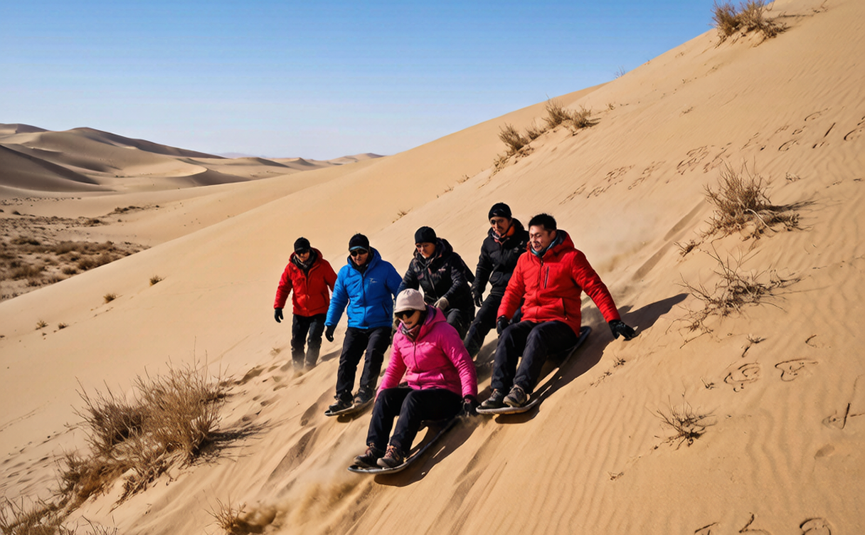 Camel silhouettes on Mingsha sand dunes at sunset in Dunhuang
