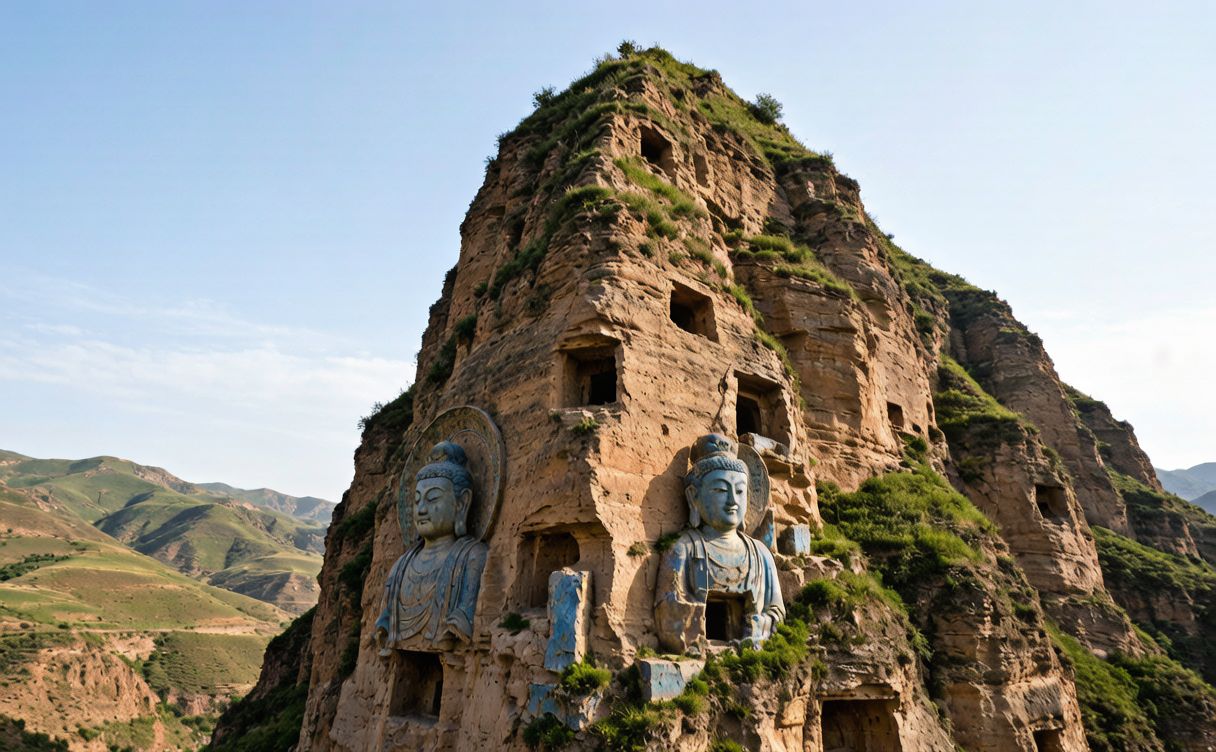 Maijishan Grottoes cliff face with wooden walkways